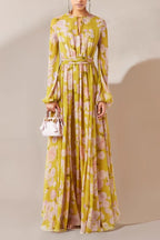 Vibrant Sunny-Day Floral Print Cinched-Waist Modest Maxi Dress