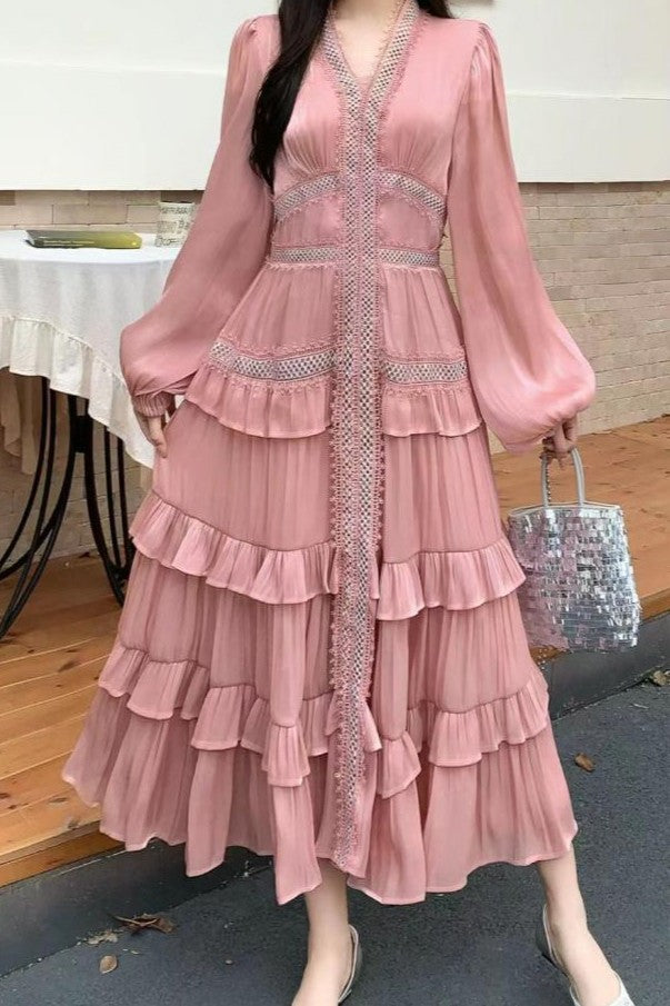 Luxury Rhinestone Embellished V-Neck Lace Patchwork Maxi Dress-Pink