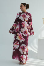 Large Floral Print Bell Sleeve Maxi Dress-Wine