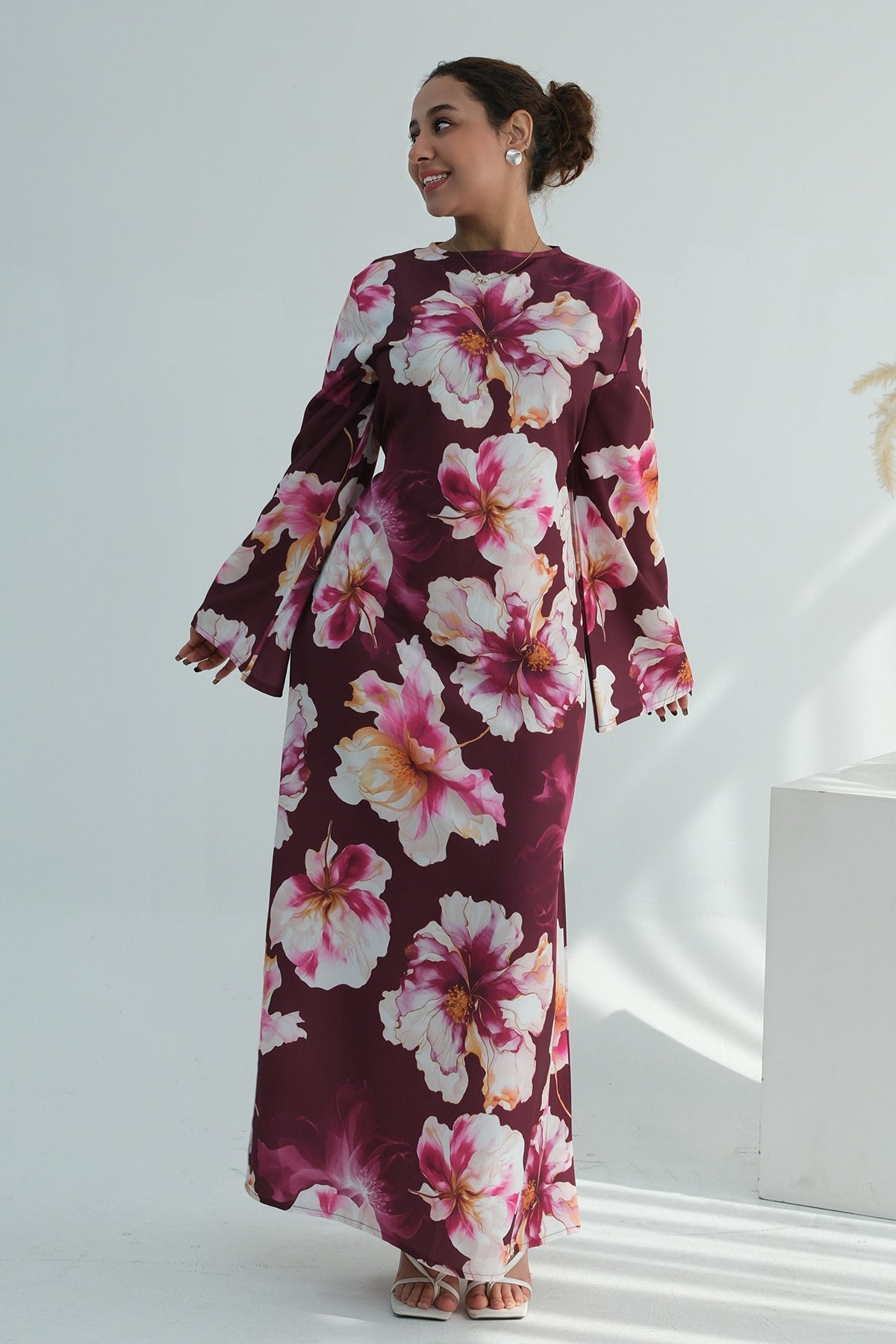 Large Floral Print Bell Sleeve Maxi Dress-Wine