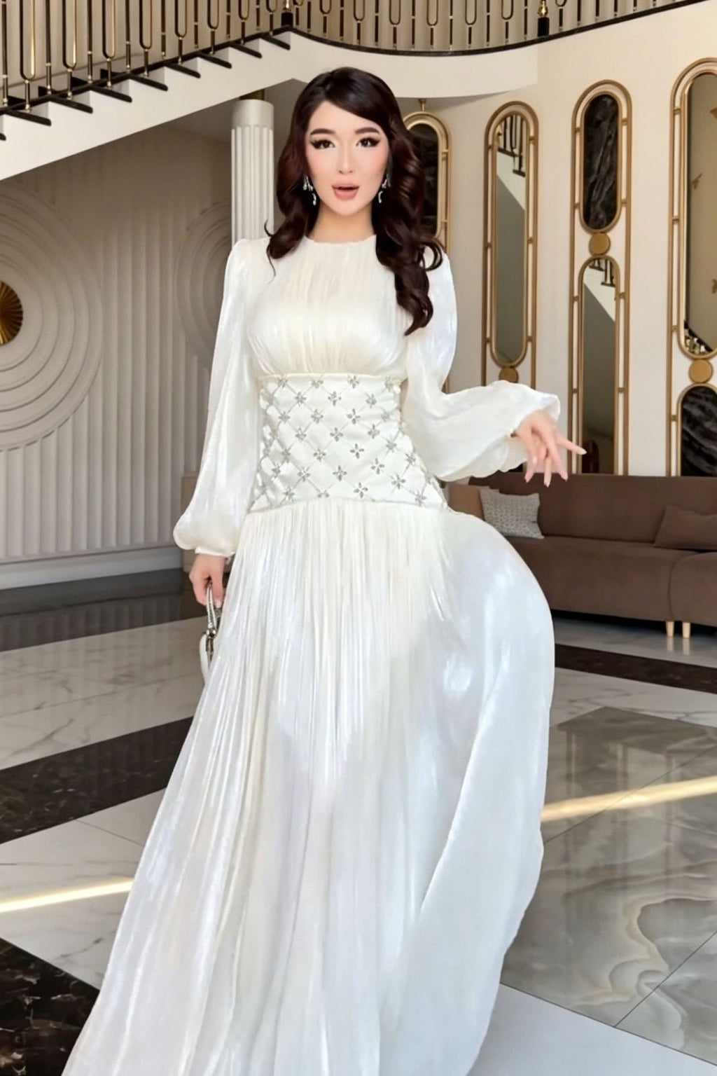 Liora Rhinestone Waist Pleated Maxi Dress-White