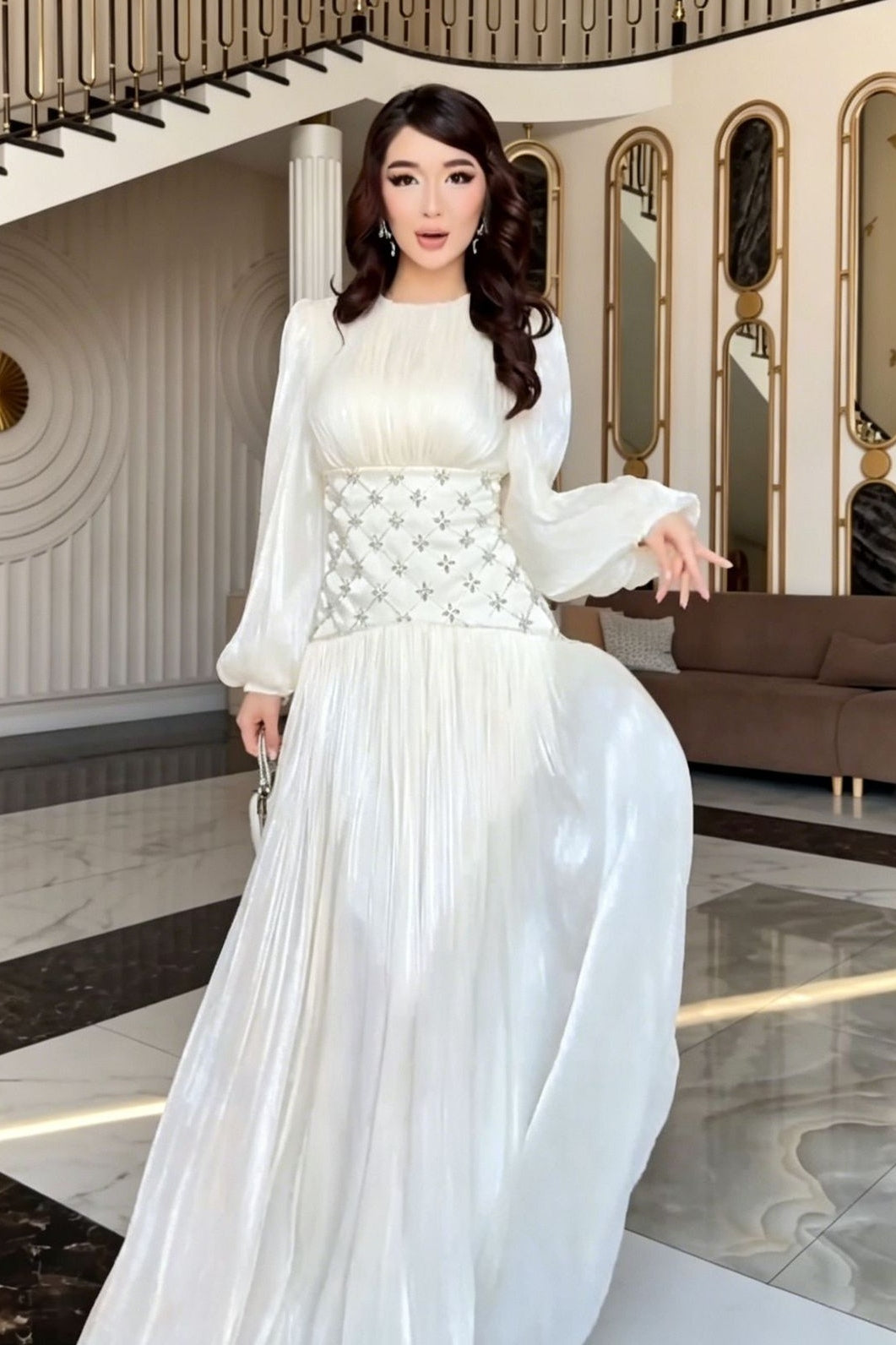 Liora Rhinestone Waist Pleated Maxi Dress-White