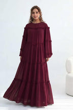 Tiered Ruffle Chiffon Maxi Dress-Wine