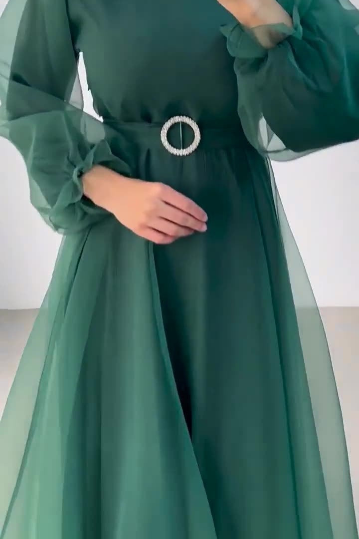 Tulle Overlay Modest Maxi Dress-Green