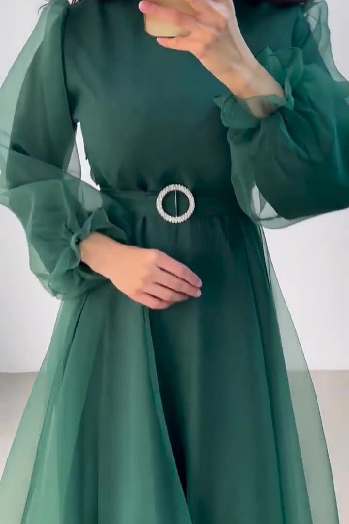 Tulle Overlay Modest Maxi Dress-Green