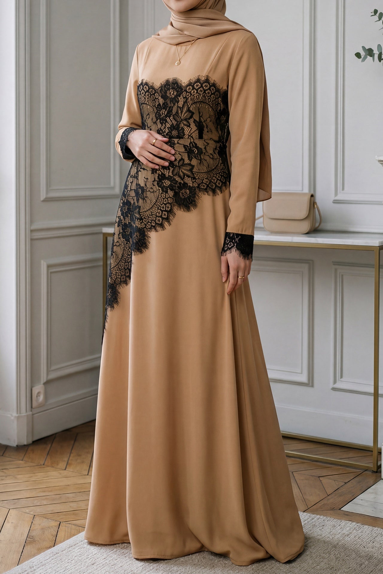 Asymmetric Lace-Trimmed Maxi Dress-Khaki