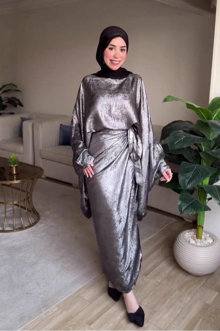 Rania Metallic Wrap Waist Abaya Two Piece