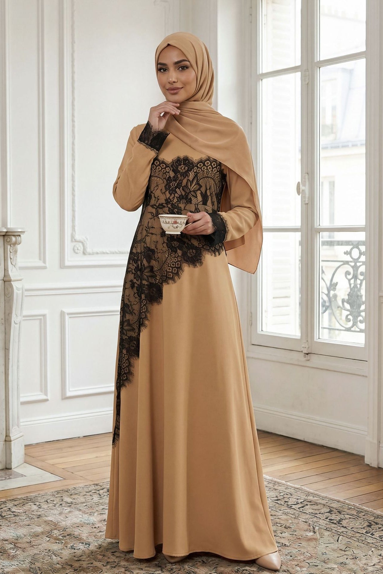 Asymmetric Lace-Trimmed Maxi Dress-Khaki