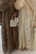 Hand-Beaded Floral Mesh Abaya Two-Piece Set-Apricot