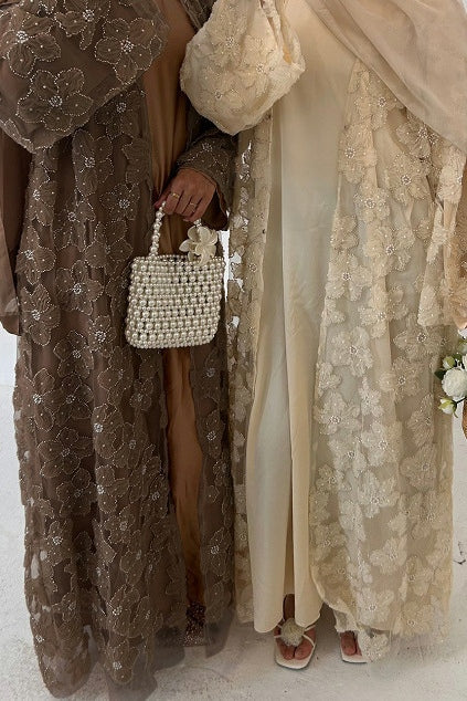 Hand-Beaded Floral Mesh Abaya Two-Piece Set-Apricot