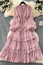 Luxury Rhinestone Embellished V-Neck Lace Patchwork Maxi Dress-Pink