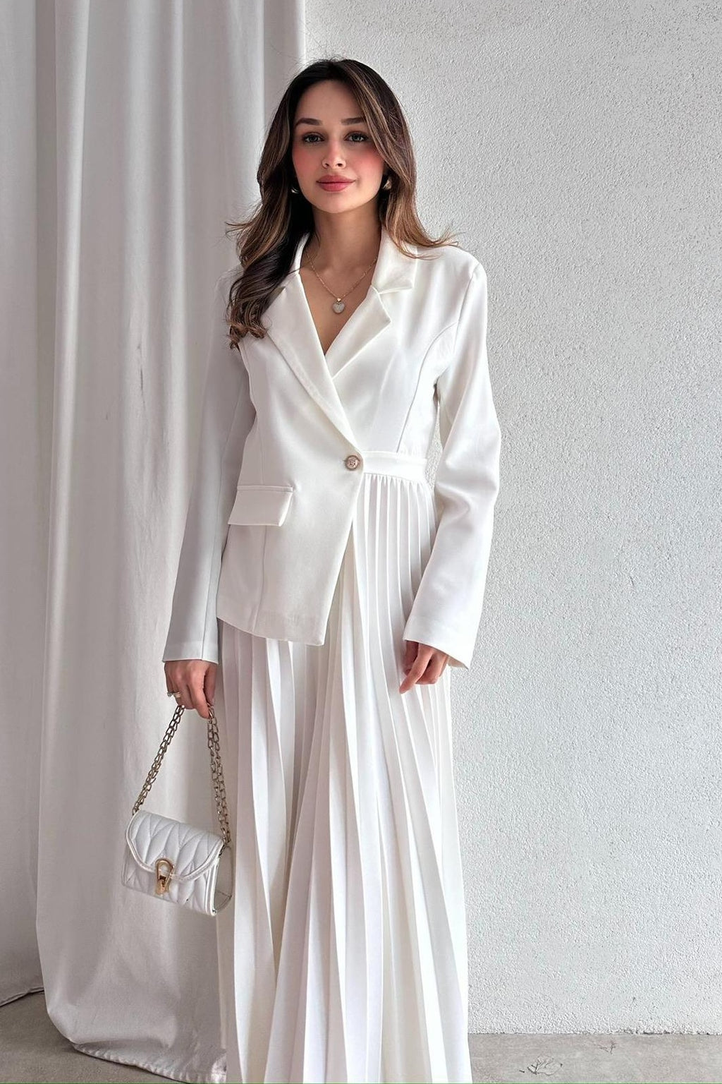 Amara Blazer Pleated Maxi Dress-White