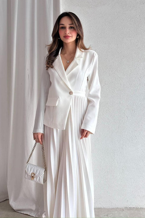 Amara Blazer Pleated Maxi Dress-White