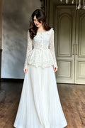 Lace Peplum Jacket and Pleated Maxi Skirt Two-Piece Set-White