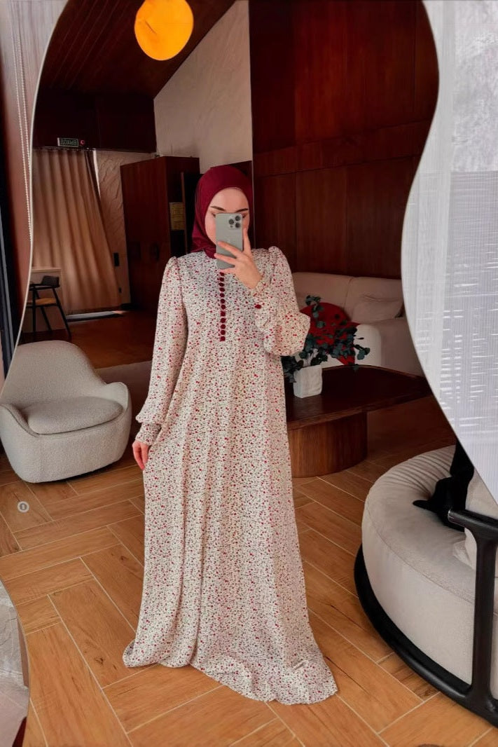 Vintage Floral Print Long Sleeve A-Line Maxi Dress