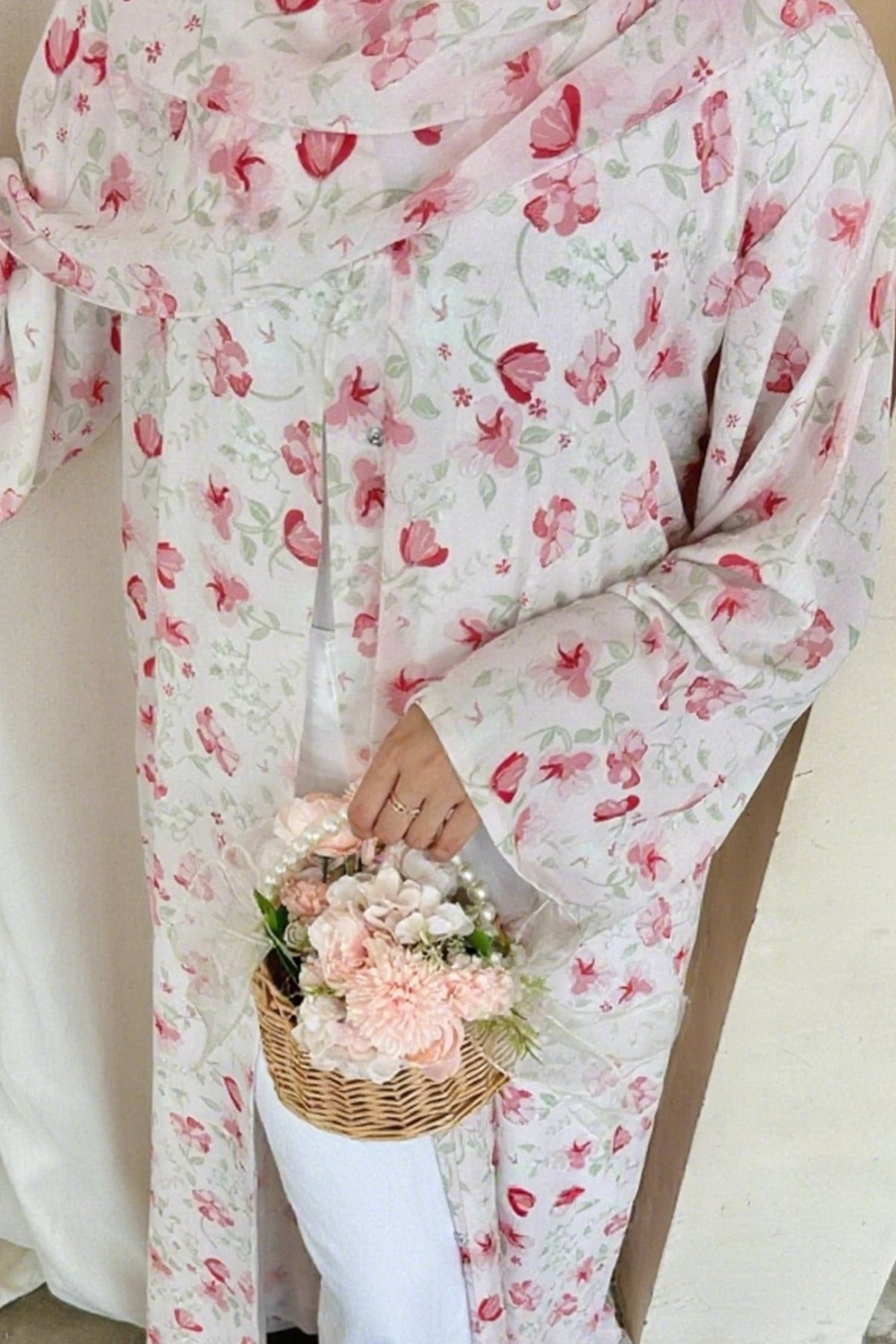Floral Print Open Abaya & Matching Hijab Two-Piece Set-Pink