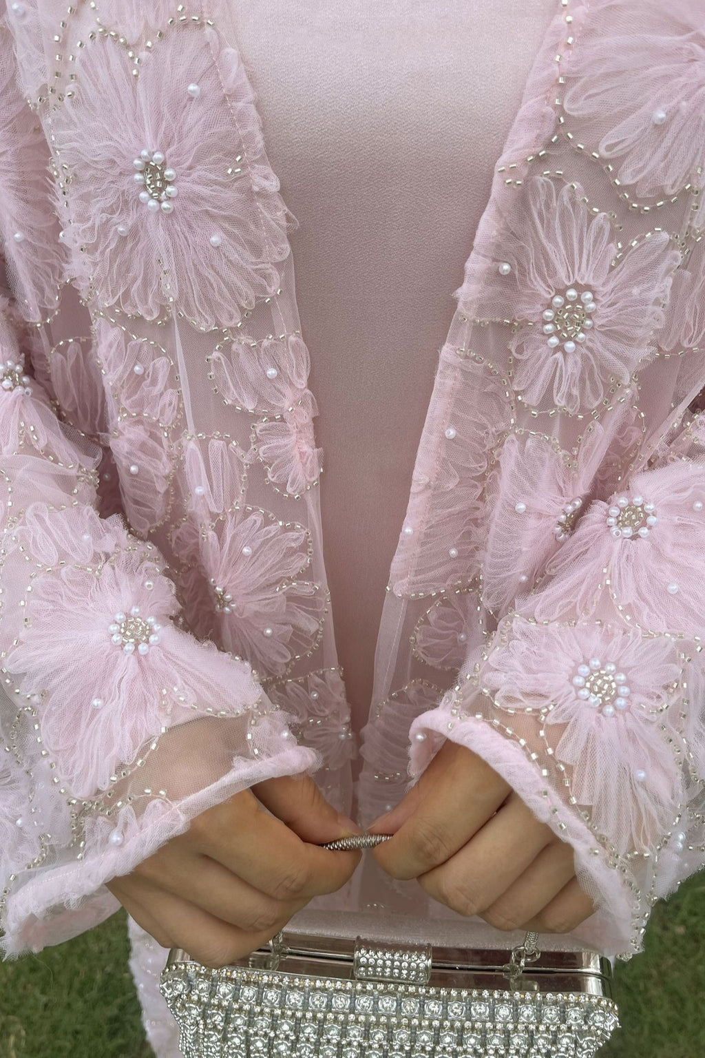 Hand-Beaded Floral Mesh Abaya Two-Piece Set-Pink