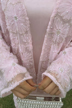 Hand-Beaded Floral Mesh Abaya Two-Piece Set-Pink