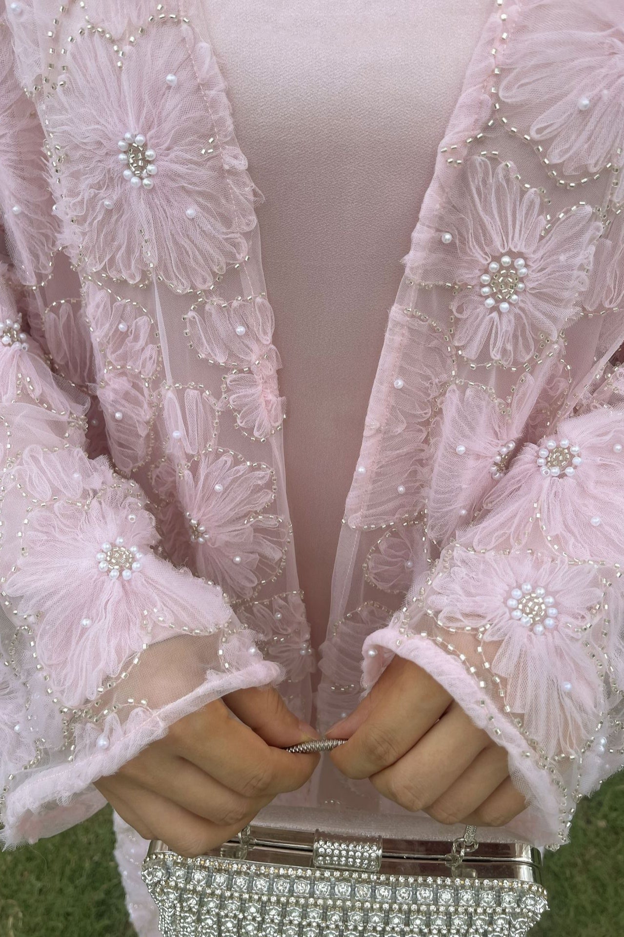 Hand-Beaded Floral Mesh Abaya Two-Piece Set-Pink