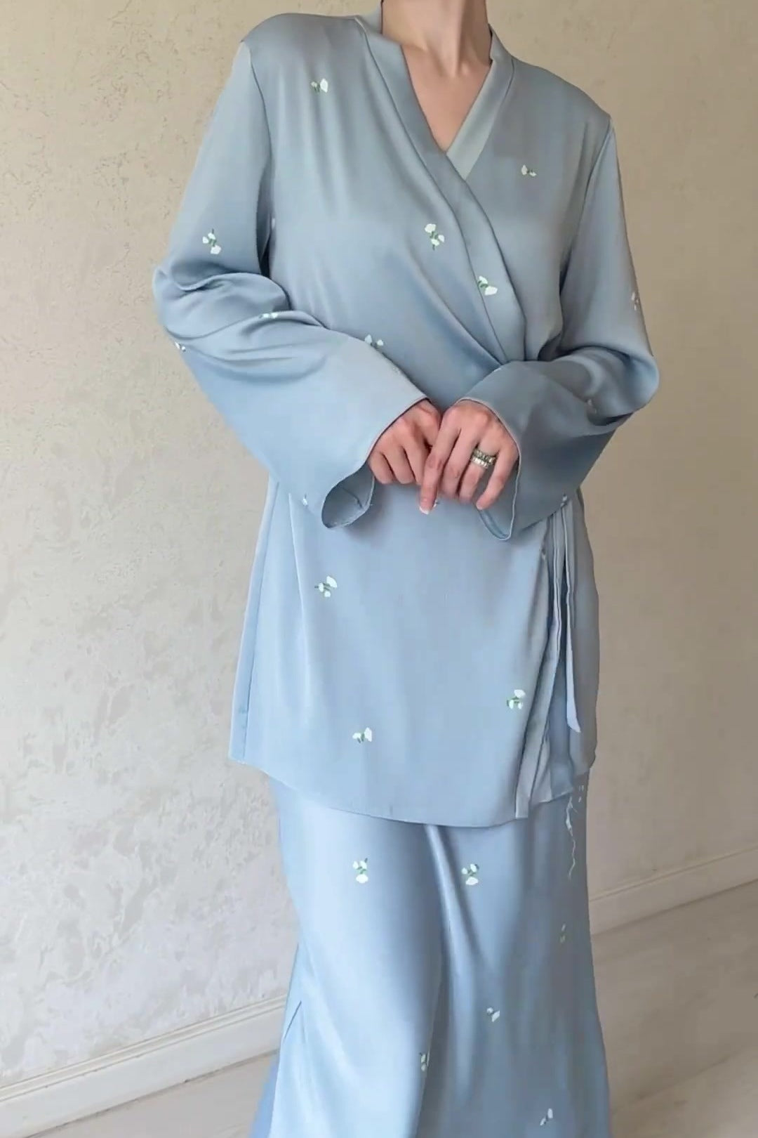 Hana Floral Wrap Satin Two Piece Set