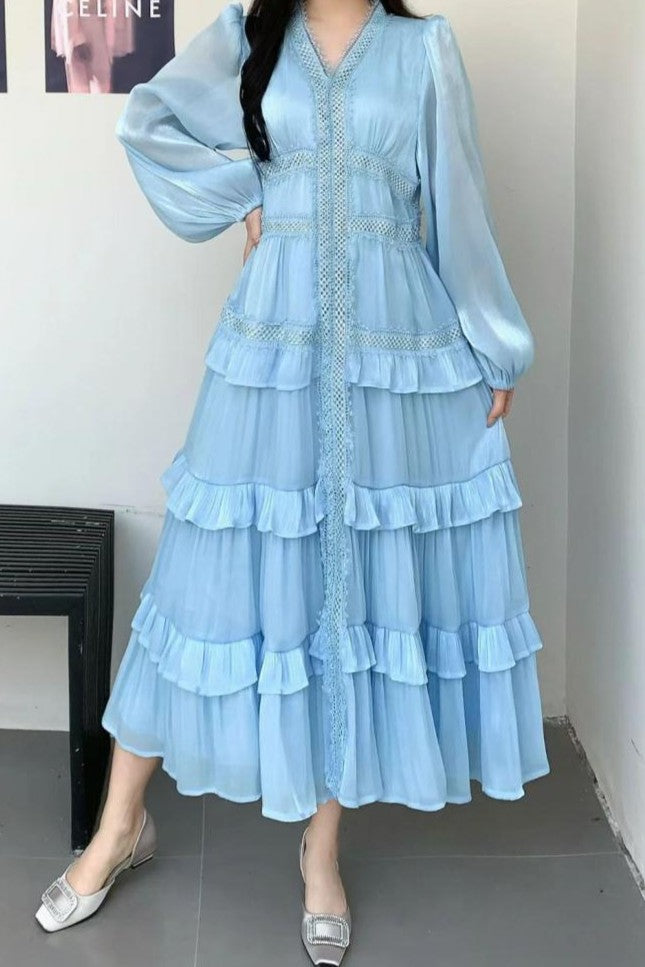 Luxury Rhinestone Embellished V-Neck Lace Patchwork Maxi Dress-Blue
