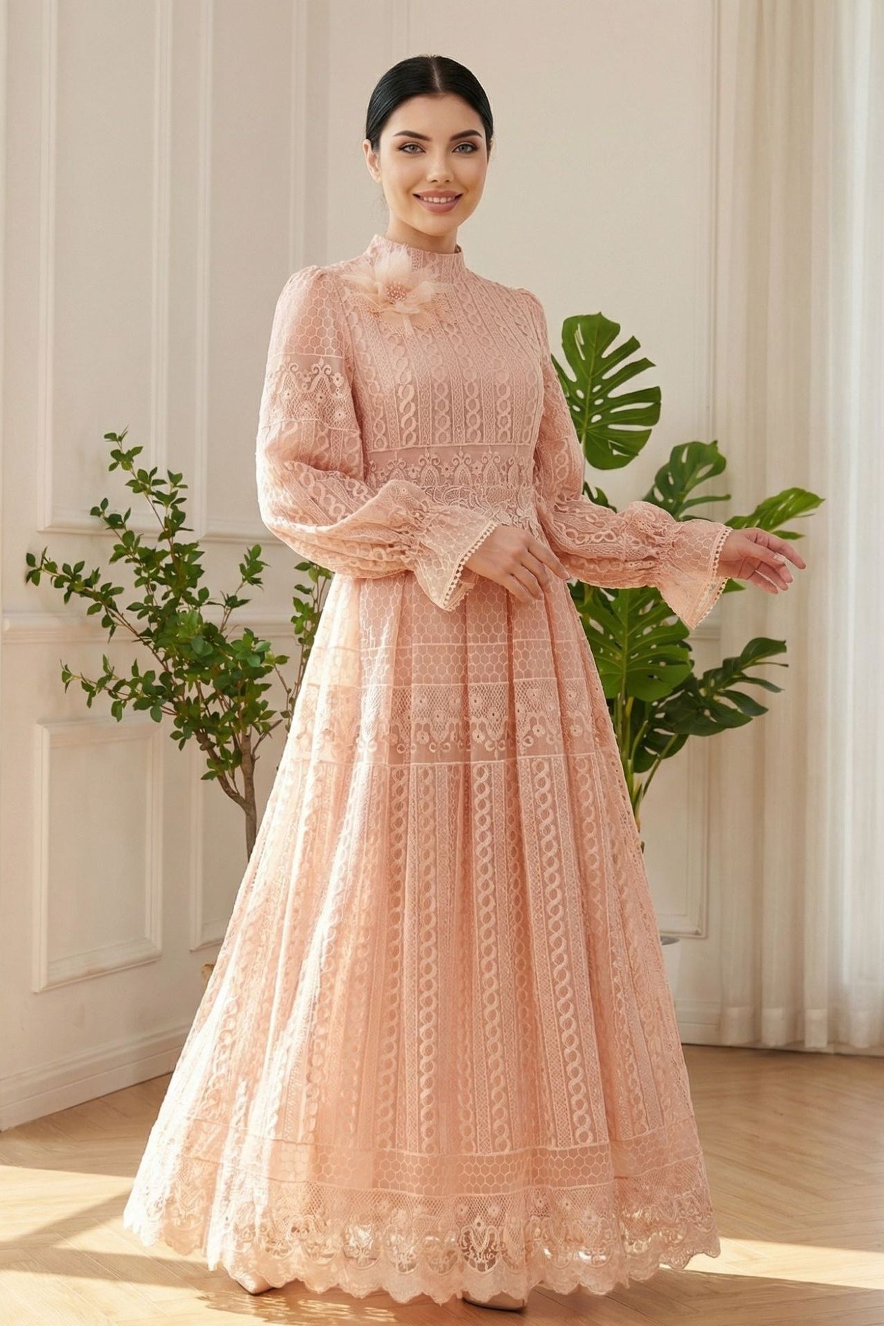Double-Layer Lace Embroidered Maxi Dress-Pink