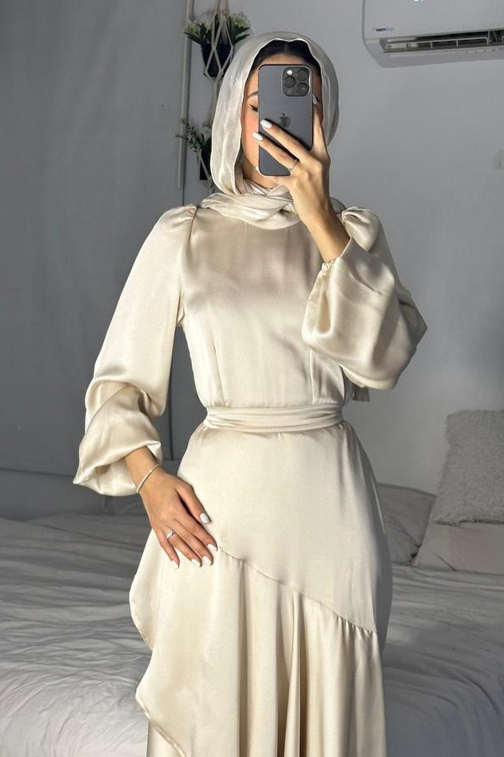 Lustrous Satin Asymmetric Tiered Gown-White