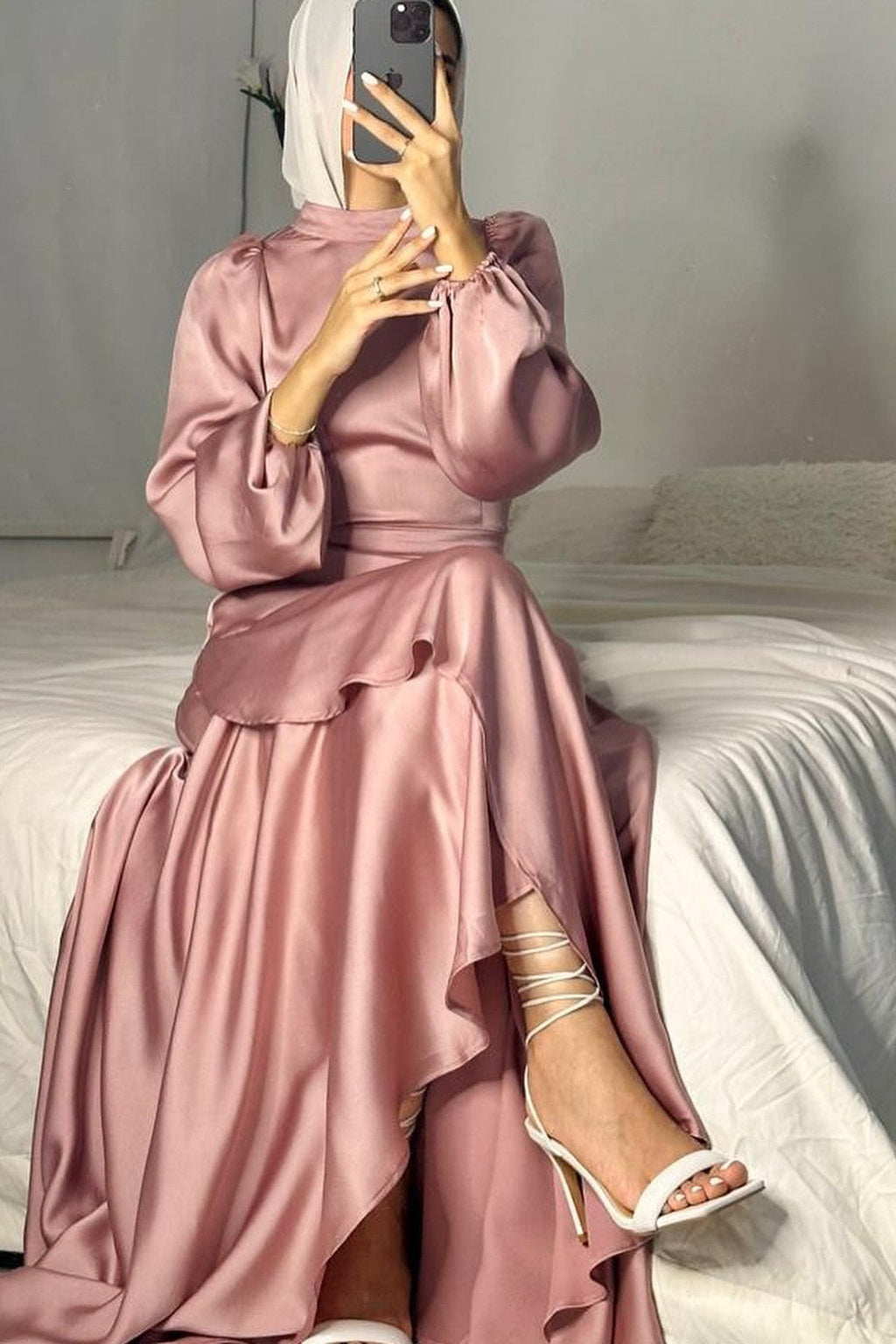 Lustrous Satin Asymmetric Tiered Gown-Pink