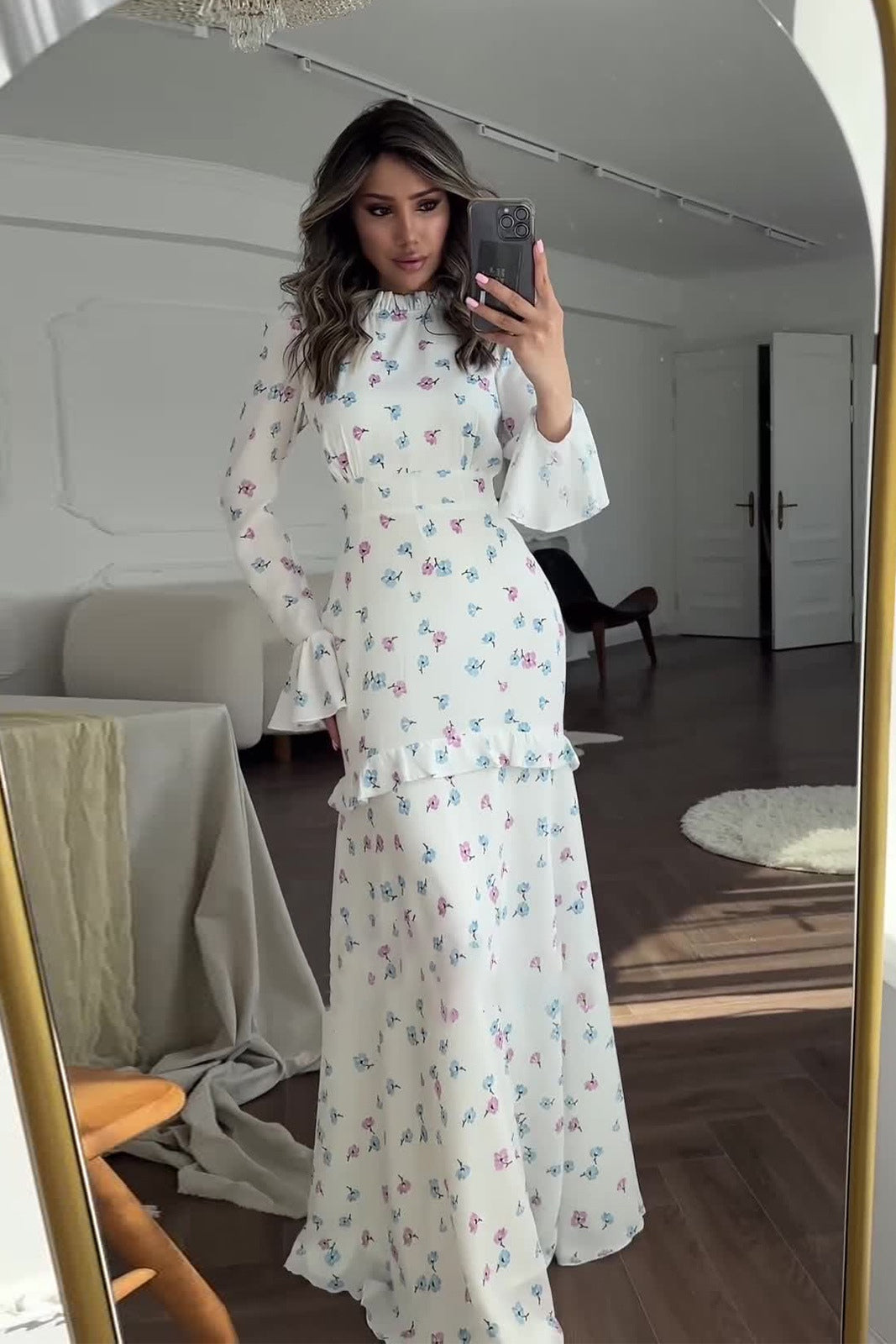 Elena Ruffle Flare Sleeve Floral Maxi Dress