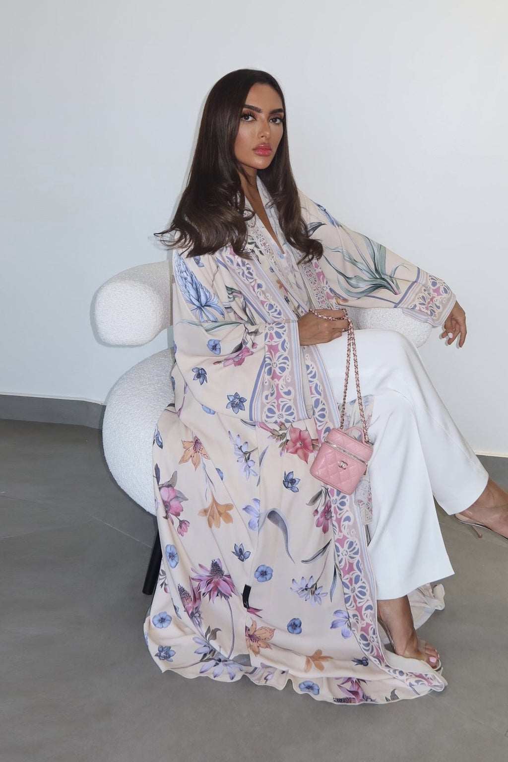 Artisanal Printed Abaya Set with Hijab-White