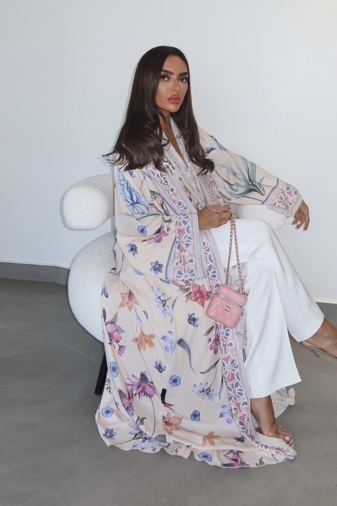 Artisanal Printed Abaya Set with Hijab-White