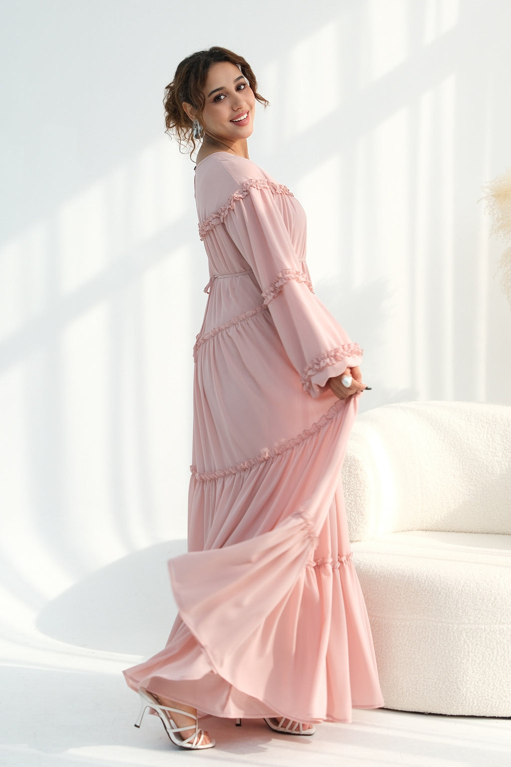 Tiered Ruffle Chiffon Maxi Dress-Pink
