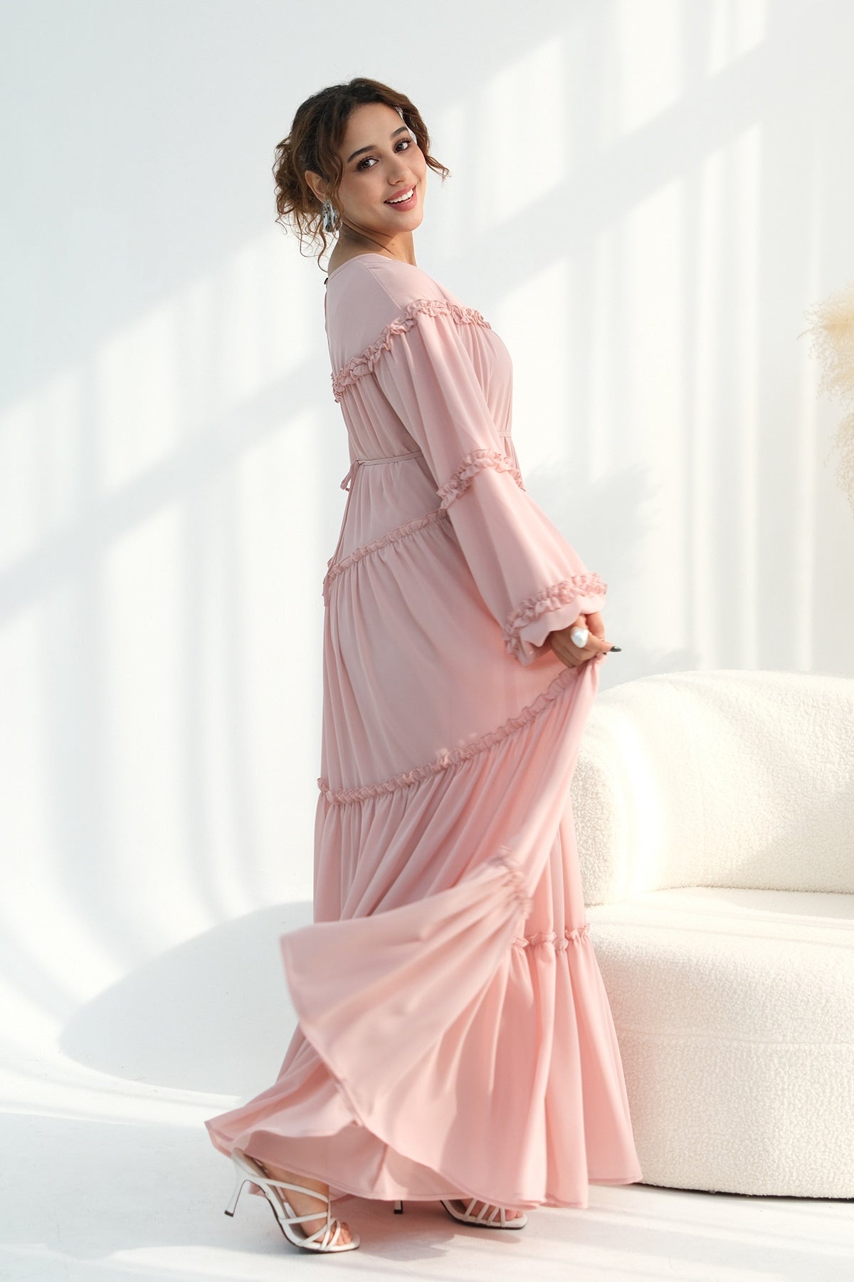 Tiered Ruffle Chiffon Maxi Dress-Pink