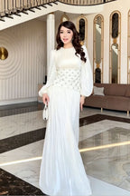 Liora Rhinestone Waist Pleated Maxi Dress-White