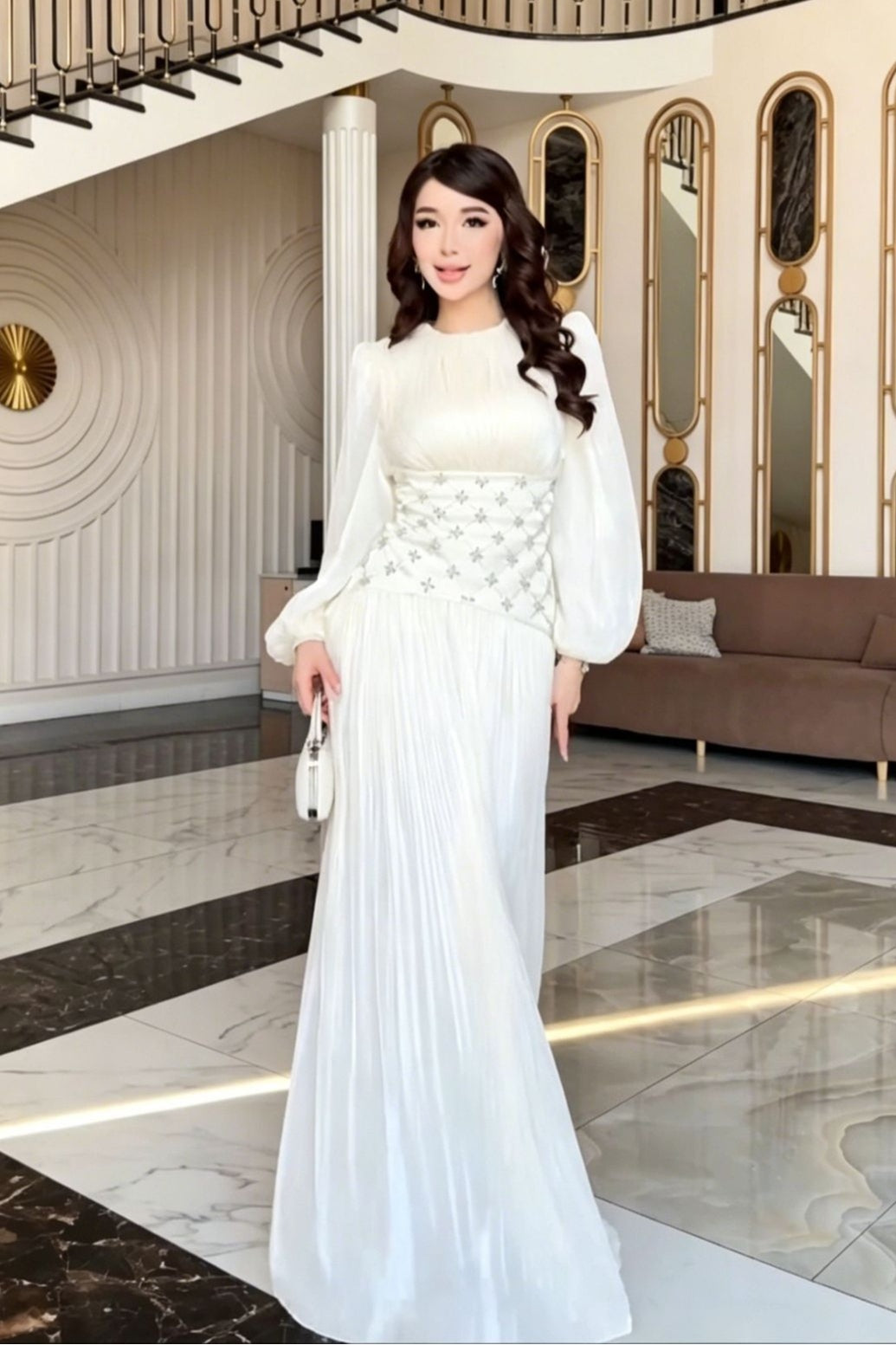 Liora Rhinestone Waist Pleated Maxi Dress-White