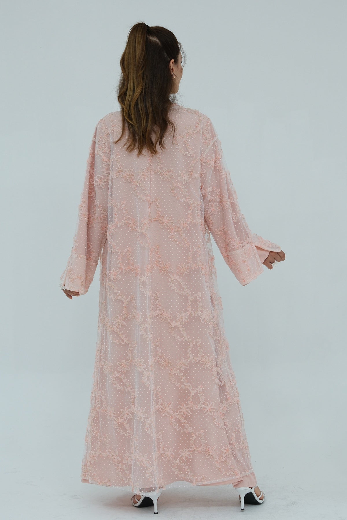 Floral Bloom Sheer Mesh Open Abaya-Pink