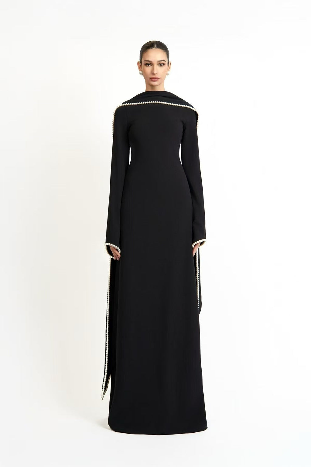 Pearl-Trimmed Cape Modest Evening Gown-Black