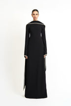 Pearl-Trimmed Cape Modest Evening Gown-Black