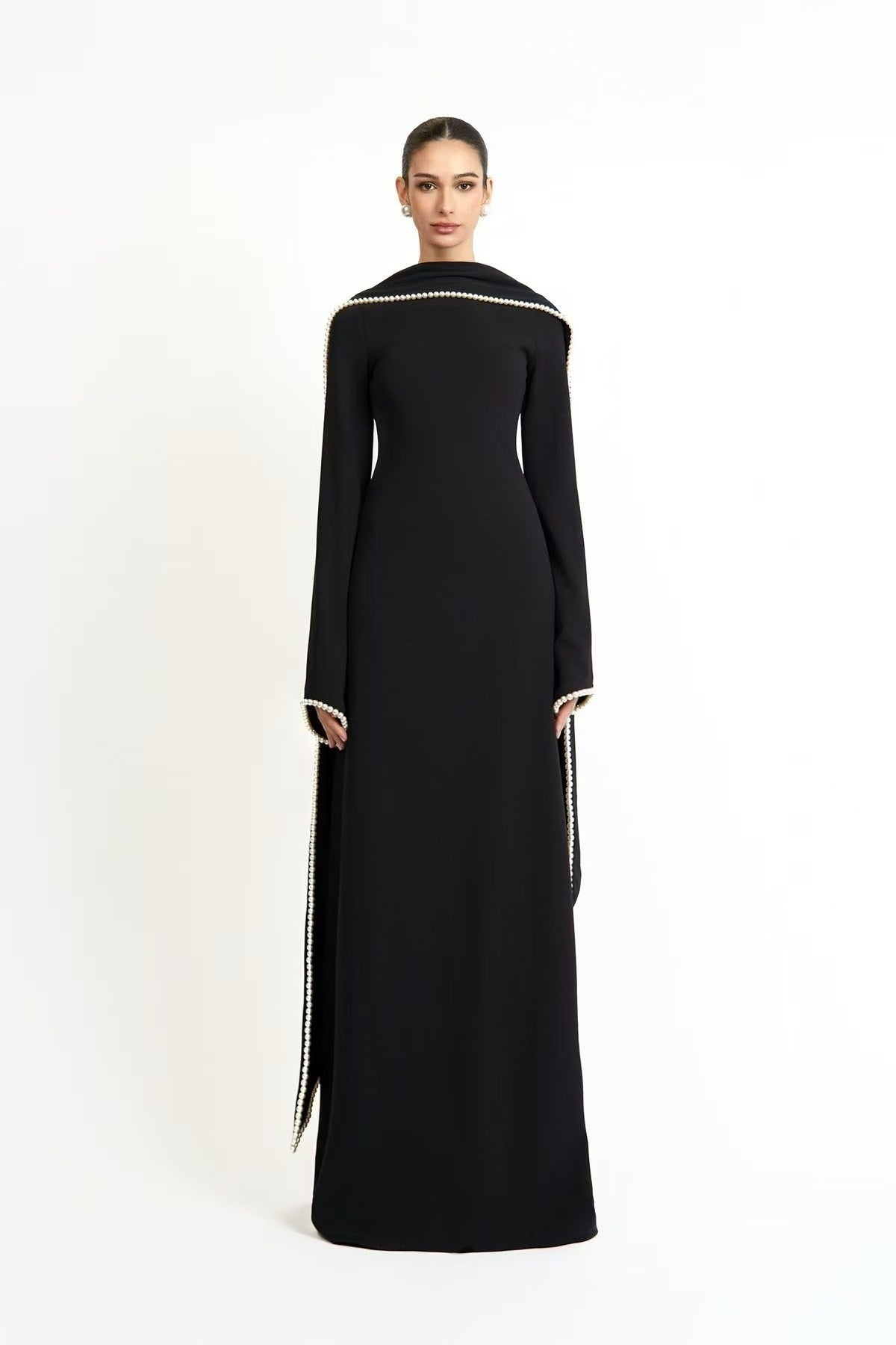 Pearl-Trimmed Cape Modest Evening Gown-Black