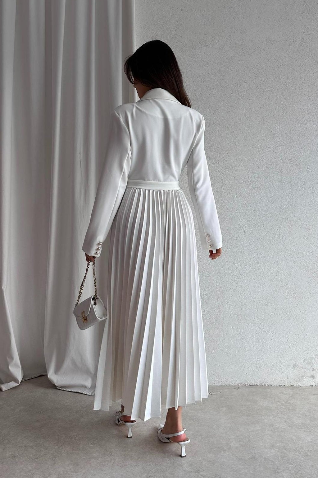Amara Blazer Pleated Maxi Dress-White