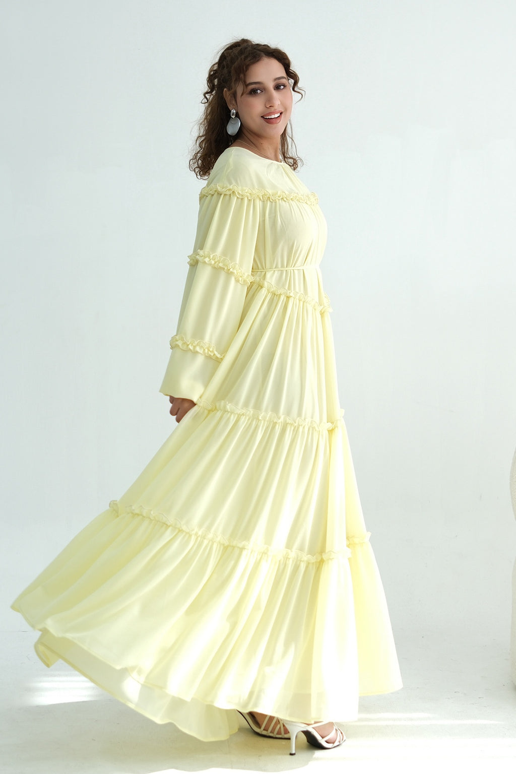 Tiered Ruffle Chiffon Maxi Dress-Yellow