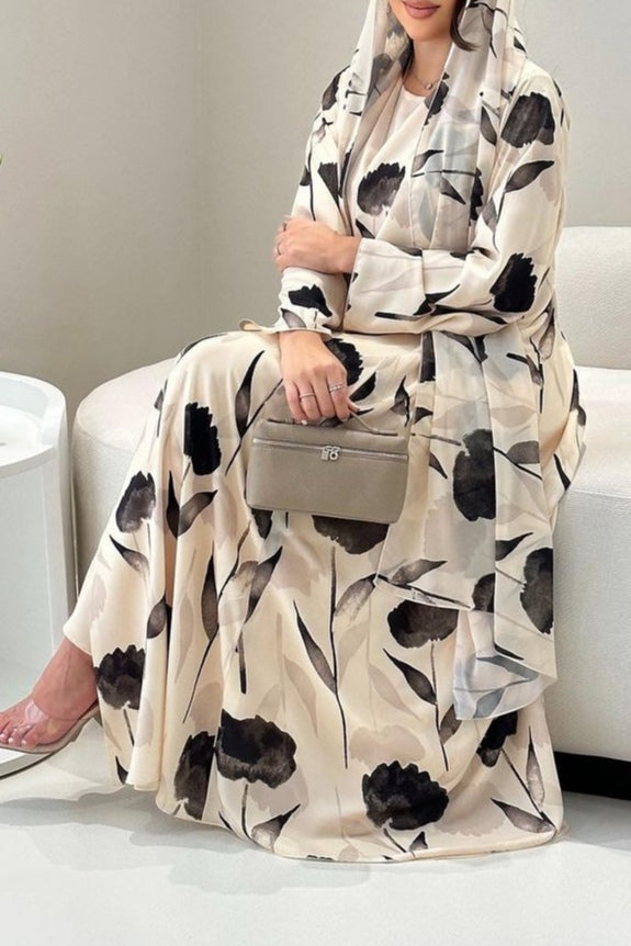 Watercolor Floral Print Abaya & Matching Hijab Set