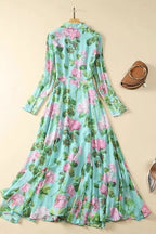 Botanical Green Floral Print Single-Breasted Modest Maxi Dress