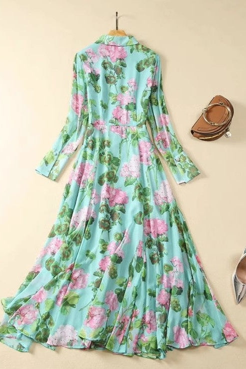 Botanical Green Floral Print Single-Breasted Modest Maxi Dress