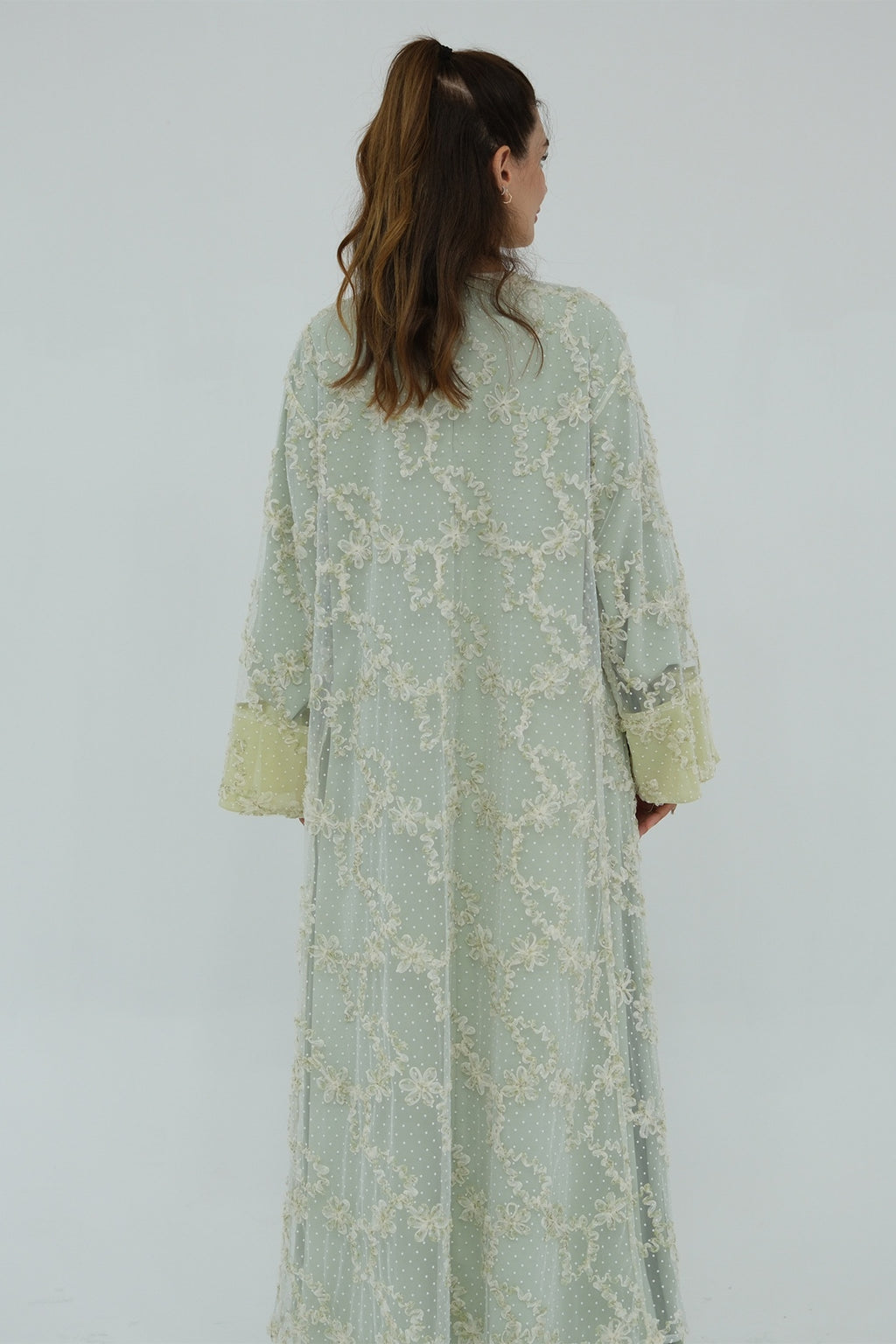 Floral Bloom Sheer Mesh Open Abaya-Green