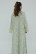 Floral Bloom Sheer Mesh Open Abaya-Green