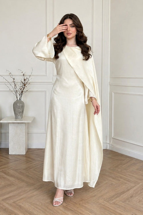 Elegant Cape-Sleeve Modest Maxi Dress-Apricot