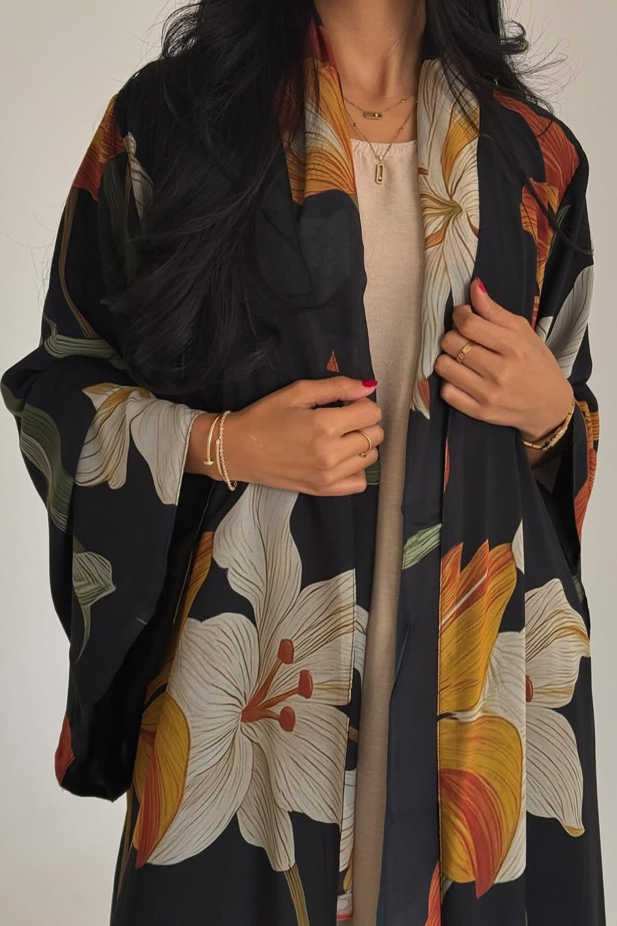 Bold Floral Print Open Abaya & Matching Hijab Set