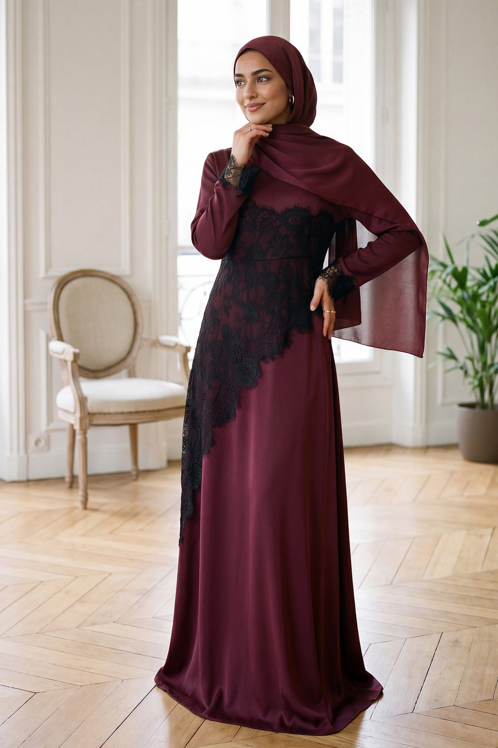 Asymmetric Lace-Trimmed Maxi Dress-Wine