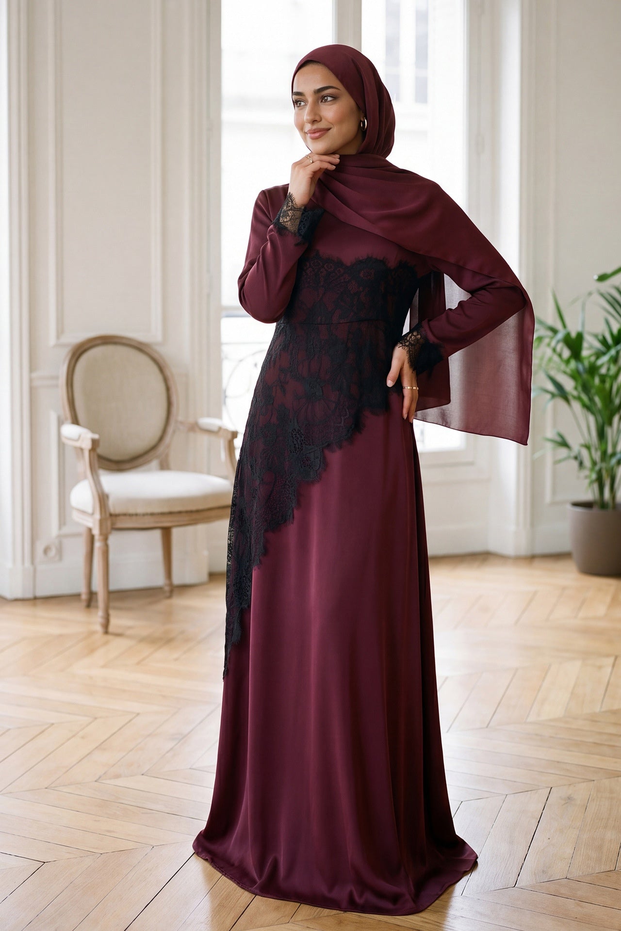 Asymmetric Lace-Trimmed Maxi Dress-Wine